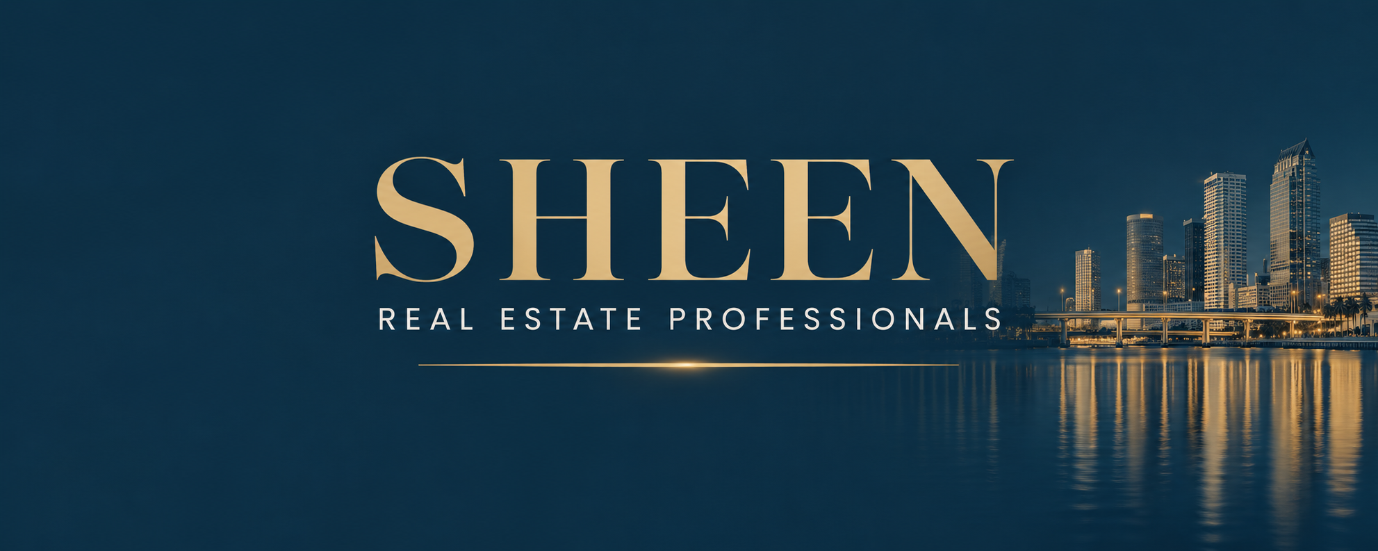 Sheen Real Estate Professionals — navy and gold Tampa-inspired waterfront brand illustration